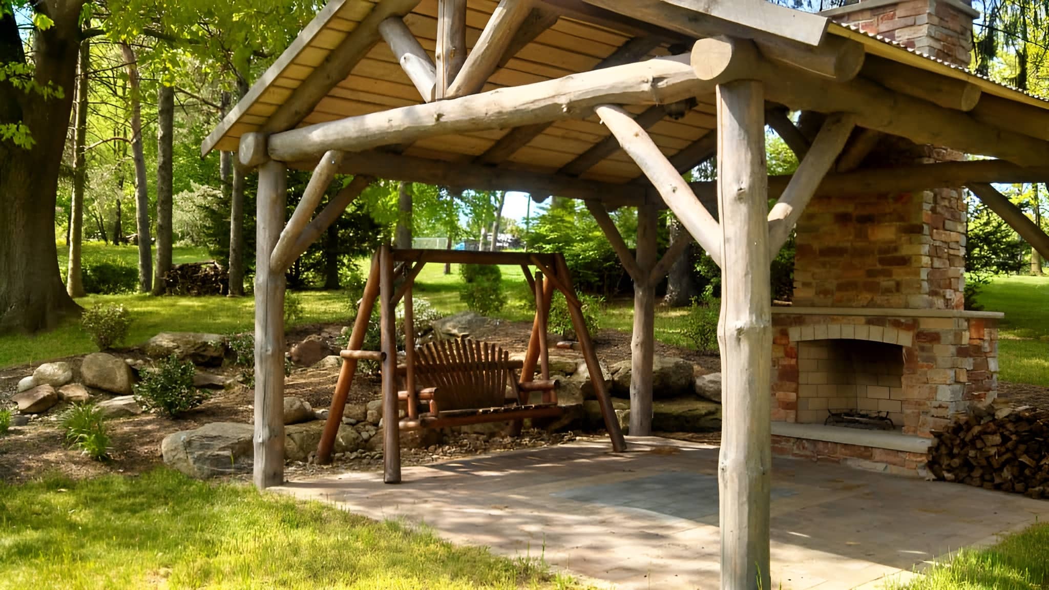 The timber frame was made with hand hewn logs and antique tin roof.