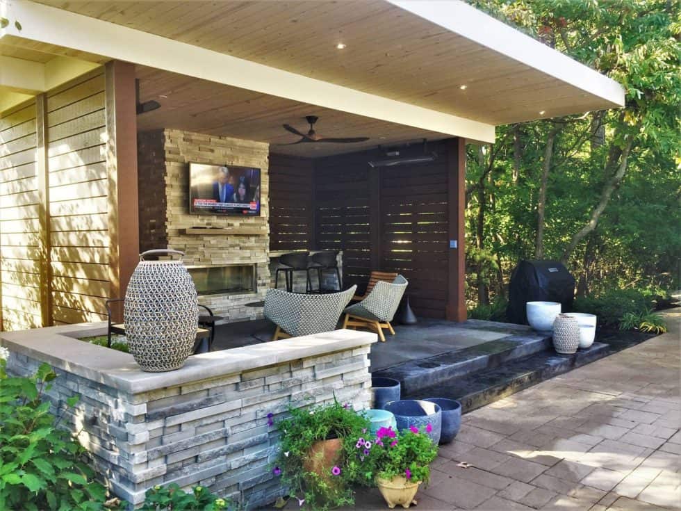 Outdoor living room with amenities.